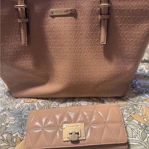 Michael Kors Pink Embossed Tote and Wallet Set